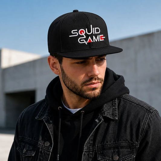 Unisex Black Squid Game Embroidered Flat Brim Snapback Cap