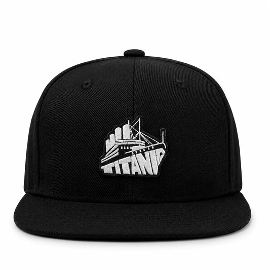 Titanic Embroidered Black Cotton Flat Brim Snapback Cap