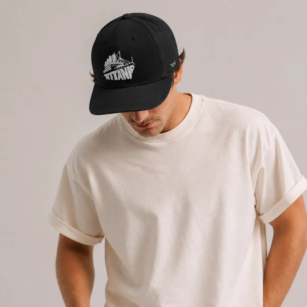 Titanic Embroidered Black Cotton Flat Brim Snapback Cap