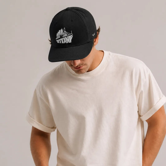 Titanic Embroidered Black Cotton Flat Brim Snapback Cap
