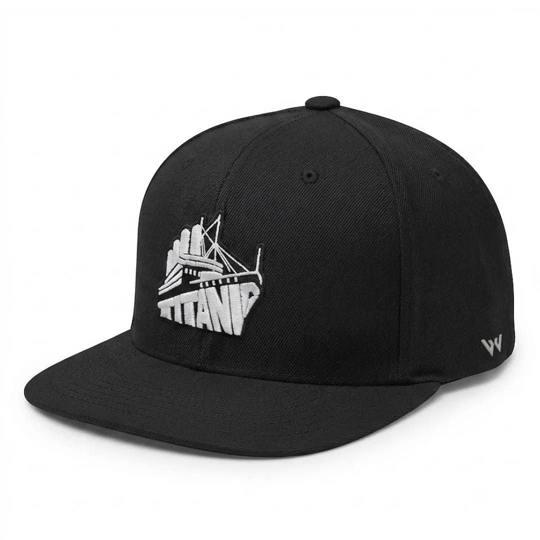 Titanic Embroidered Black Cotton Flat Brim Snapback Cap