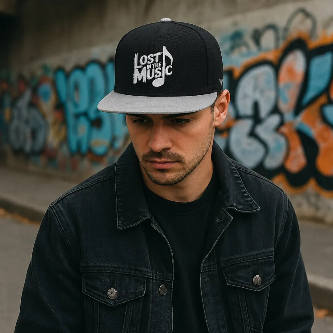 Lost in the Music Embroidered Black & Grey Medium-Profile Snapback Cap
