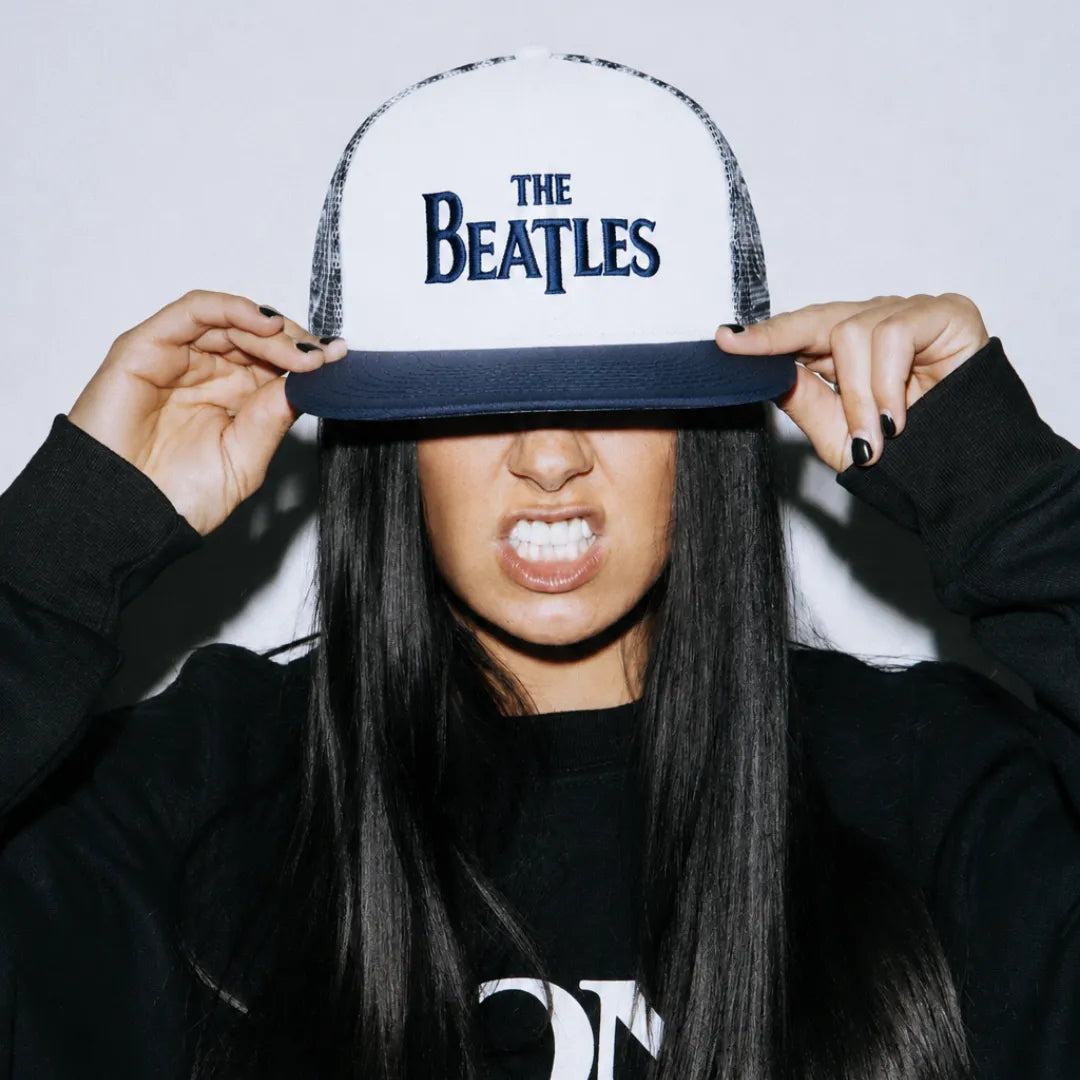 The Beatles Embroidered White & Navy Mesh-Back Snapback Cap