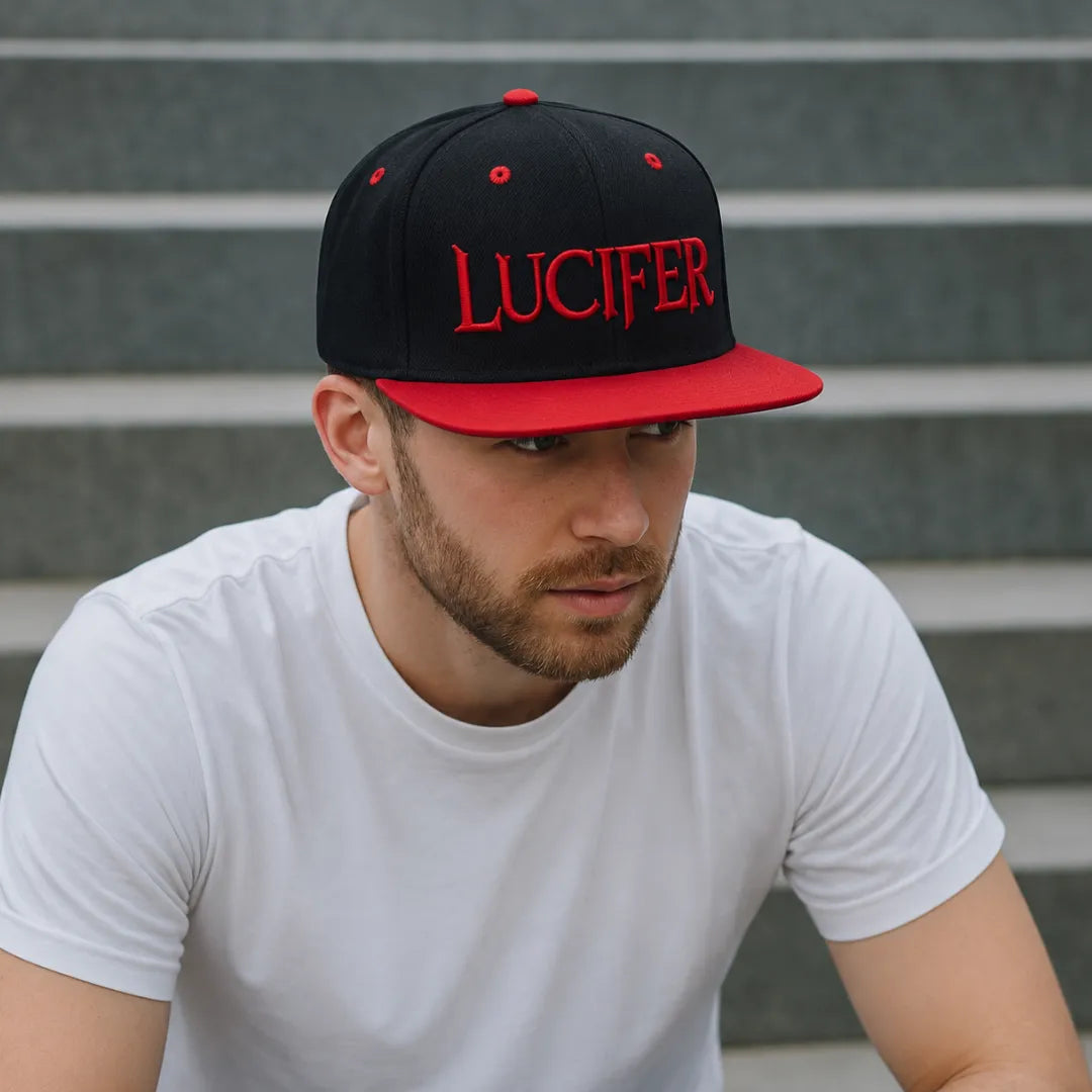 Black & Red Lucifer Embroidered Flat Brim Snapback Cap