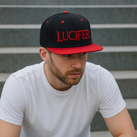 Black & Red Lucifer Embroidered Flat Brim Snapback Cap
