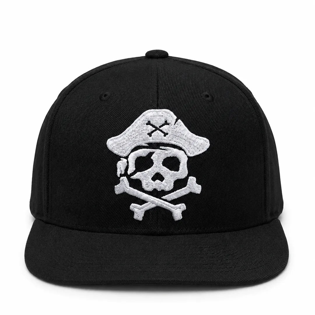 Jolly Roger Pirate Skull Embroidered Black Flat Brim Snapback Cap