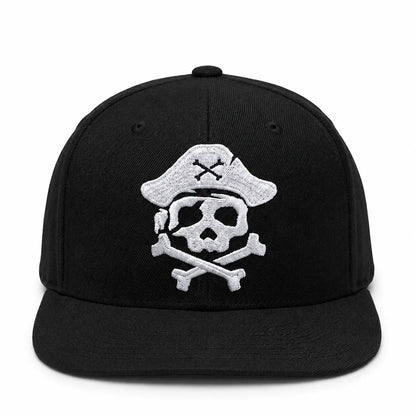 Jolly Roger Pirate Skull Embroidered Black Flat Brim Snapback Cap