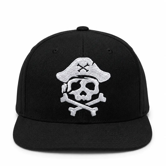 Jolly Roger Pirate Skull Embroidered Black Flat Brim Snapback Cap