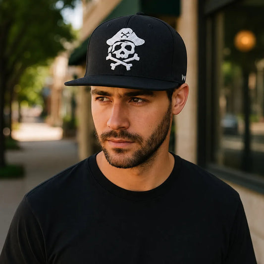 Jolly Roger Pirate Skull Embroidered Black Flat Brim Snapback Cap
