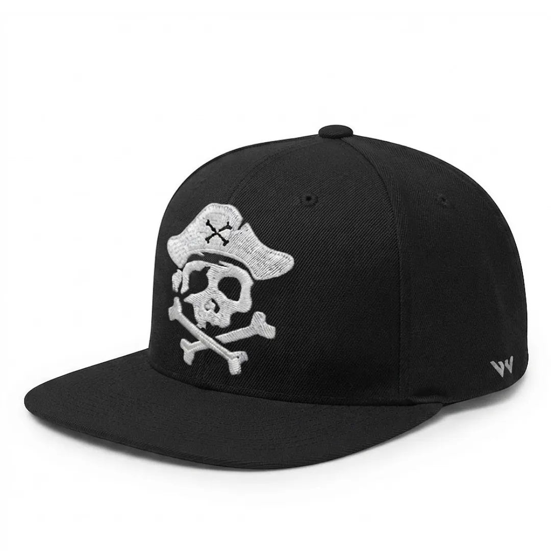 Jolly Roger Pirate Skull Embroidered Black Flat Brim Snapback Cap