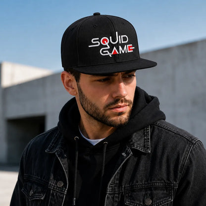 Unisex Black Squid Game Embroidered Flat Brim Snapback Cap