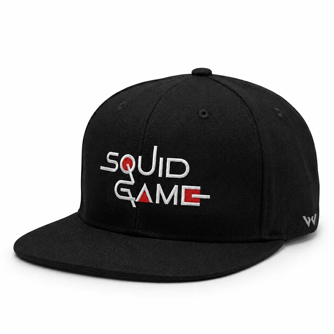 Unisex Black Squid Game Embroidered Flat Brim Snapback Cap